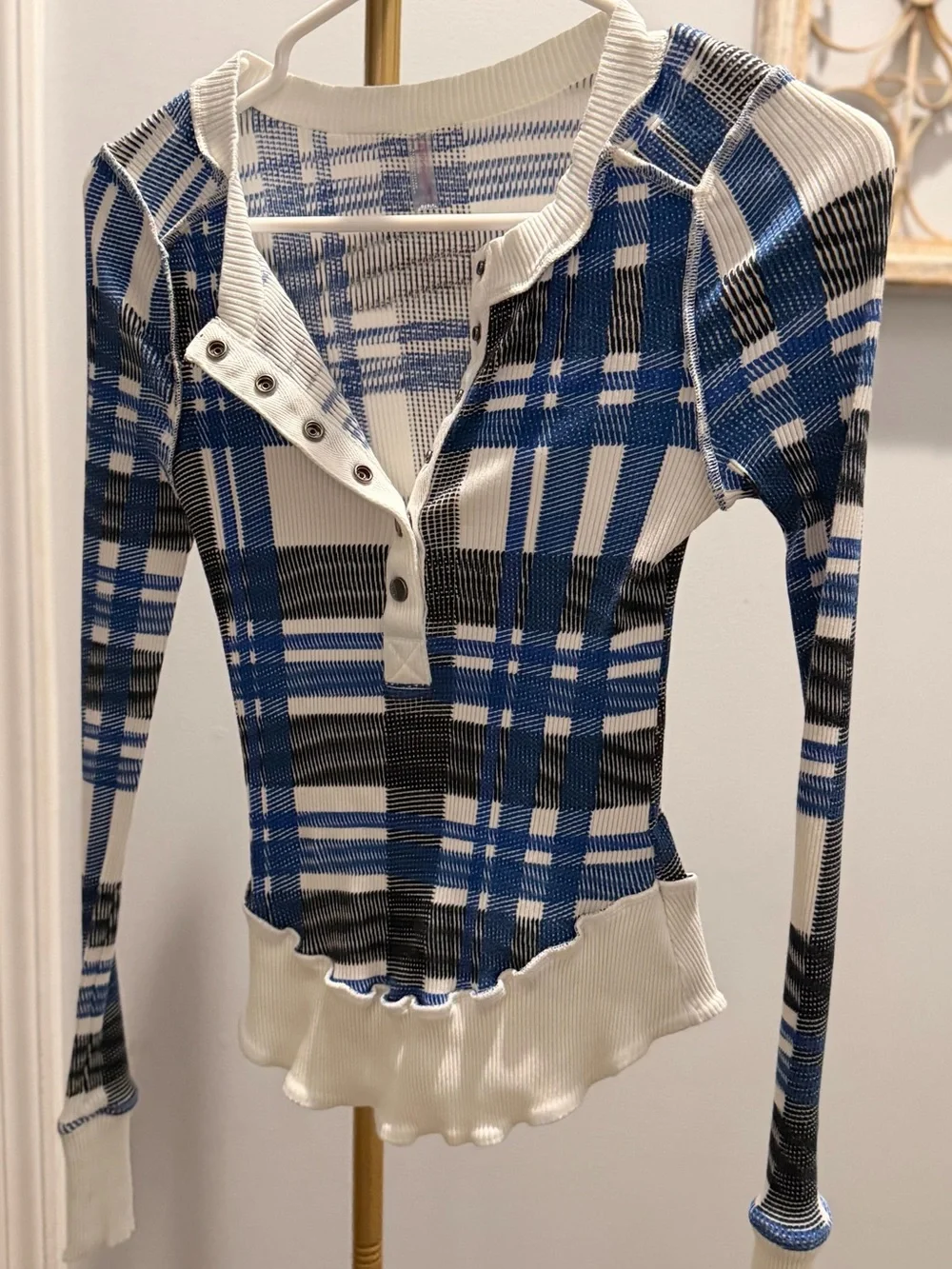 Free People Blue, White & Black Plaid Ribbed Henley Long Sleeve Top
